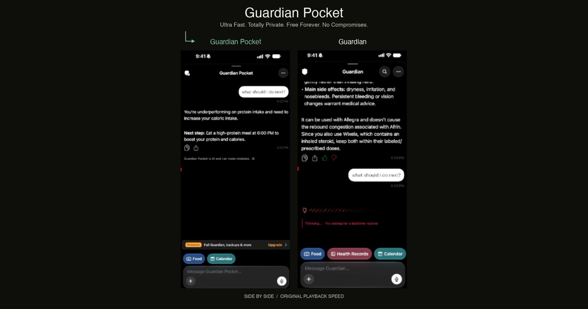 Guardian Pocket running on-device beside the cloud-hosted Guardian, answering the same question side by side.