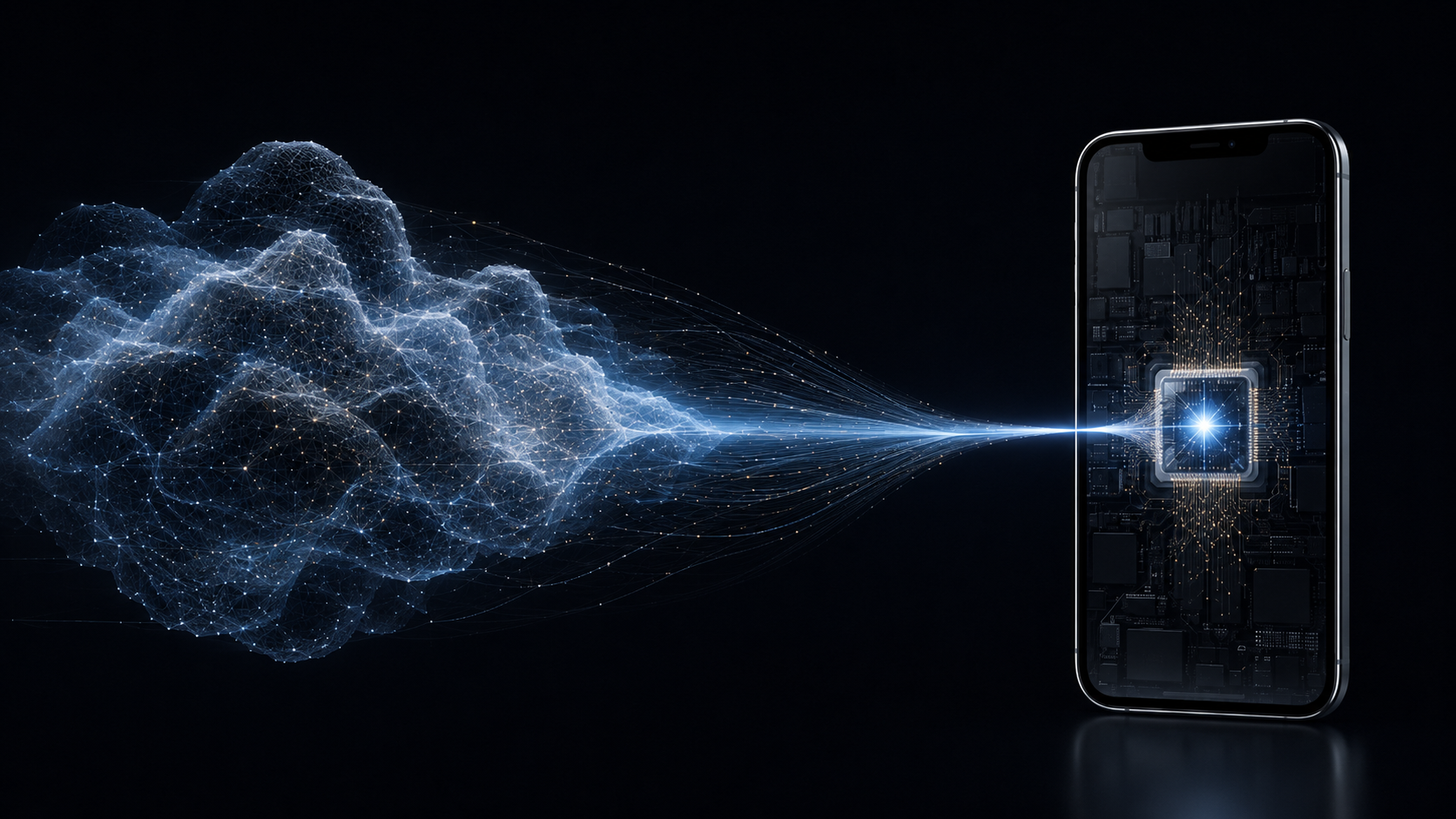 A cloud of networked data streaming into a glowing chip inside a phone.
